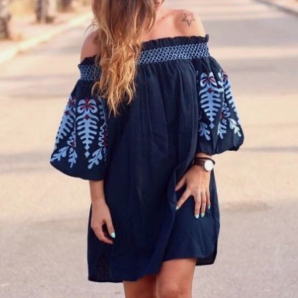 Zara Dark Blue Off the Shoulder Dress with Embroidery